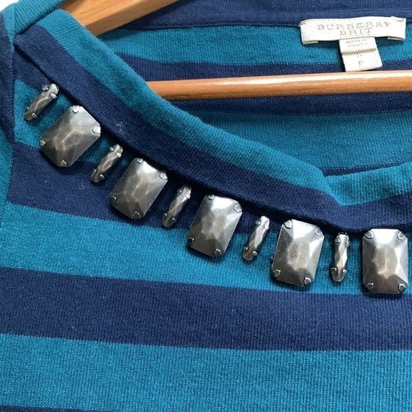 BURBERRY Brit AWNING STRIPED BATEAU NECKLINE teal & navy T-SHIRT studded top - Picture 6 of 8